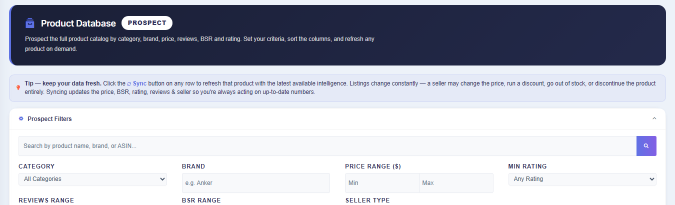 Product Database — real Squatio dashboard, Step 1