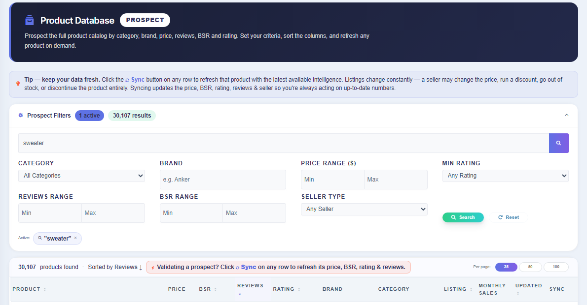 Product Database — real Squatio dashboard