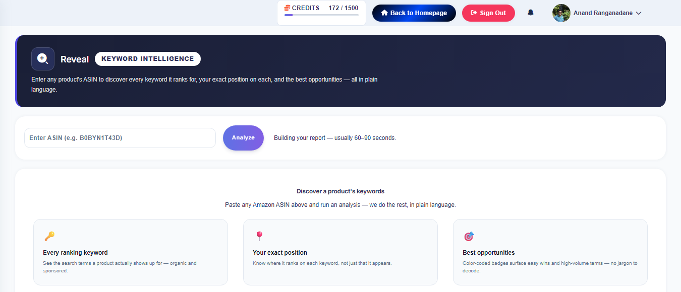 Reverse ASIN Lookup — real Squatio dashboard, Step 1